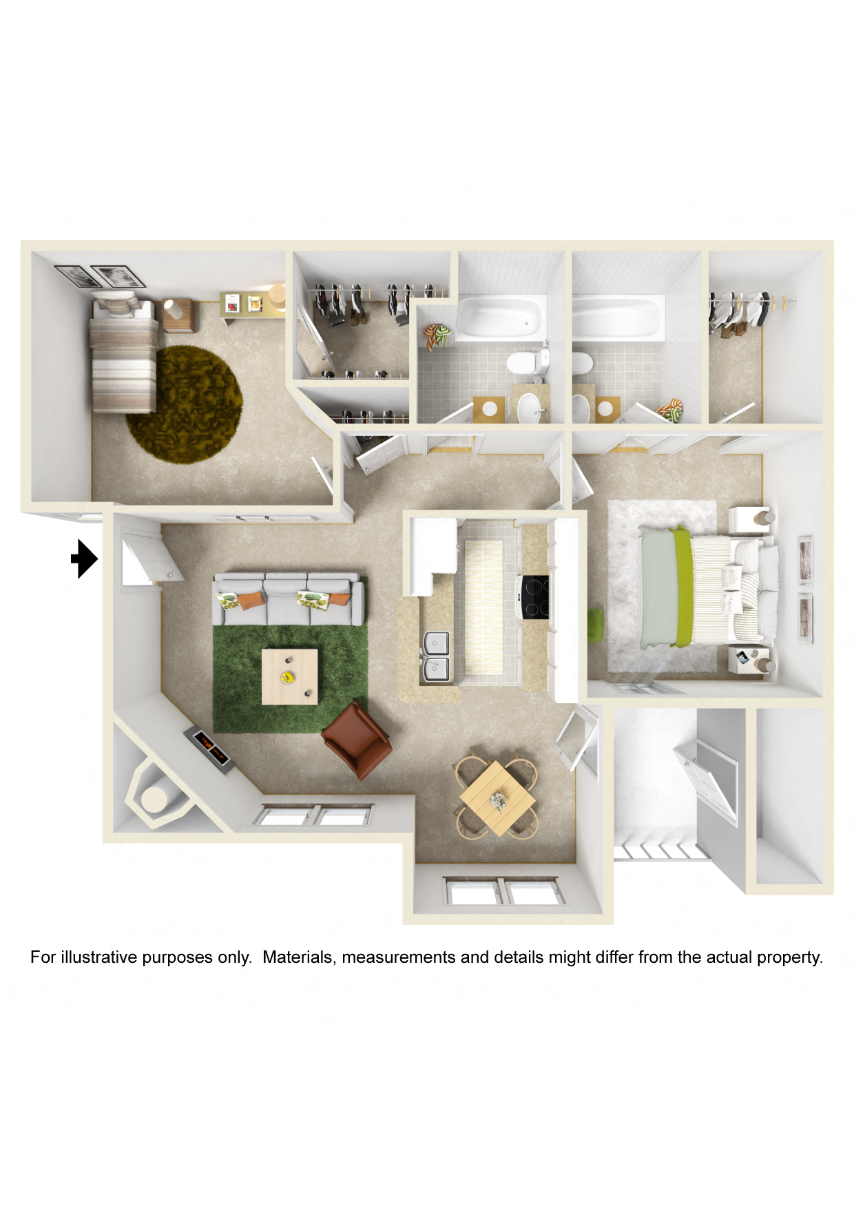 Floor plan for 2 beds, 2 baths, 947 sqft